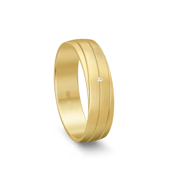 Gelbgold Trauring matt mit Rillen und Diamanten