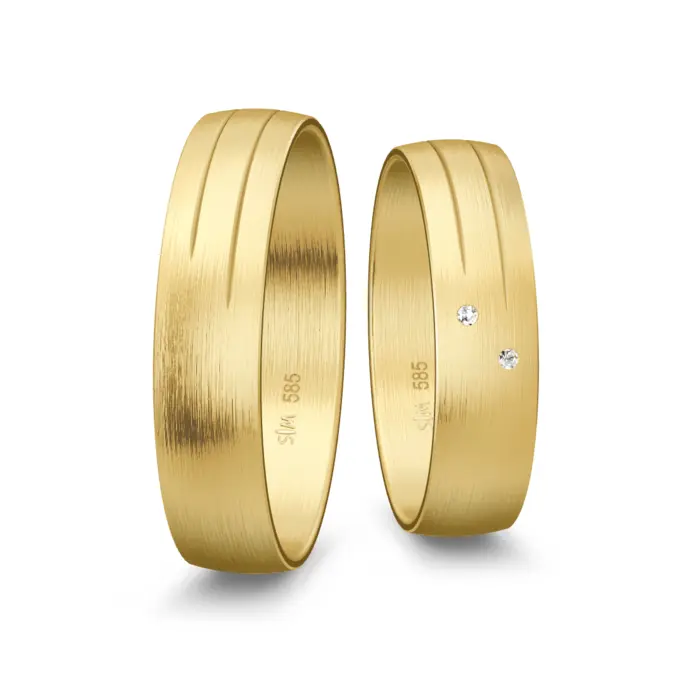 Gelbgold Eheringe längstmattiert mit 2 Rillen und 2 Diamanten