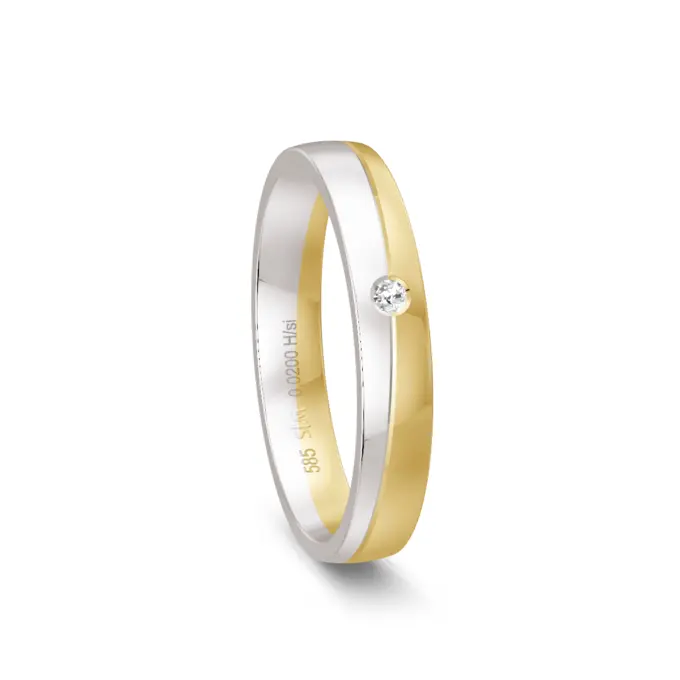 Weissgold und Gelbgold Trauring poliert mit Diamant