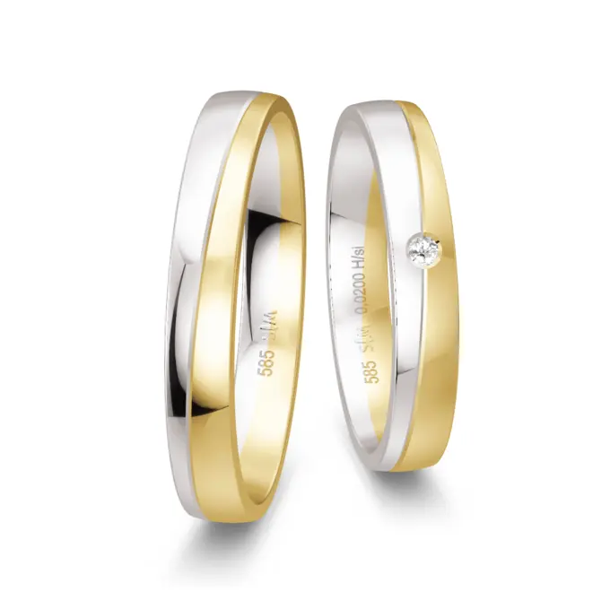 Weissgold und Gelbgold Trauringe poliert mit Diamant