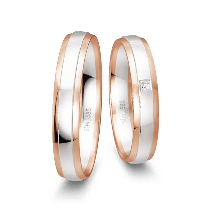 Weissgold Trauringe mit Rotgold Rand poliert und Diamanten