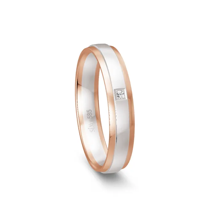 Weissgold Trauring mit Rotgold Rand poliert und Diamanten