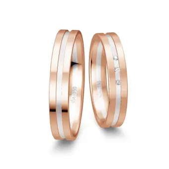Eheringe in Rotgold und Weißgold poliert mit 3 Diamanten