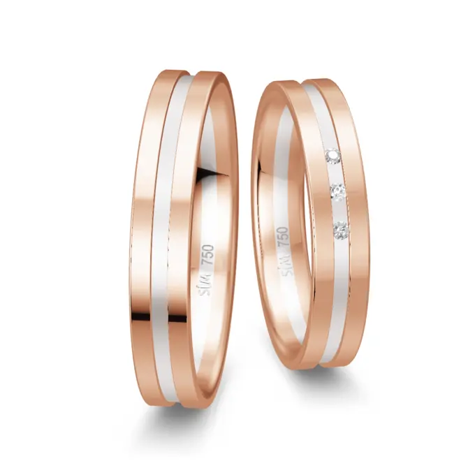 Eheringe in Rotgold und Weißgold poliert mit 3 Diamanten