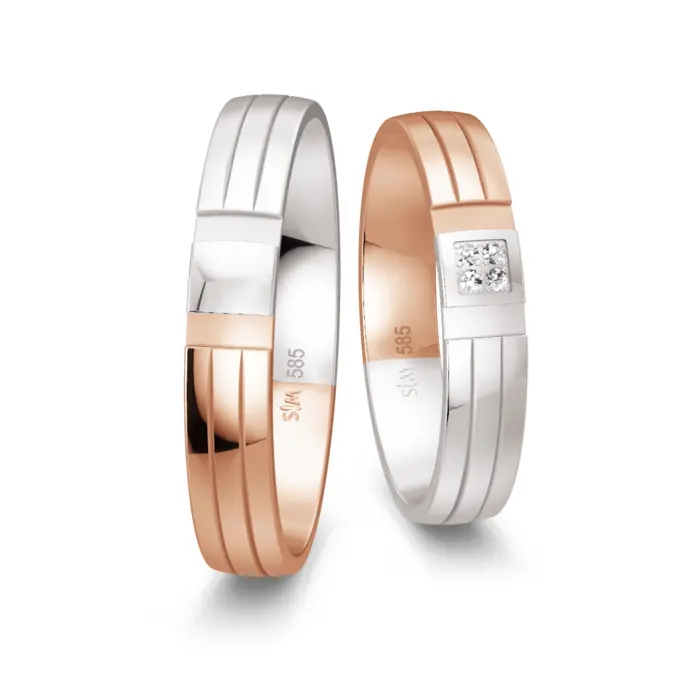 Rotgold und Weißgold Trauringe mit Quadrat von 4 Diamanten