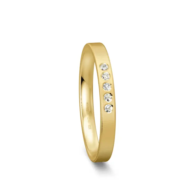 Schmaler Ehering aus Gelbgold mit 5 Diamanten und Quermattierung