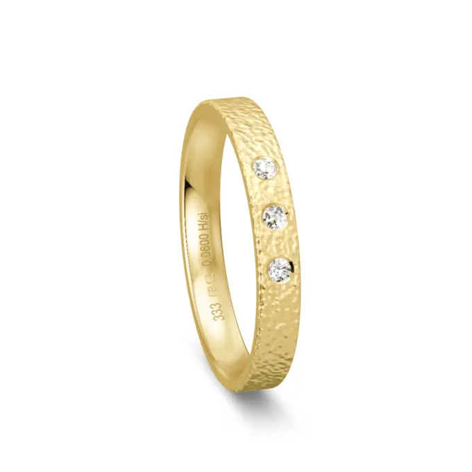 Gelbgold Ehering 3 mm breit mit 3 Diamanten und Strukturierung