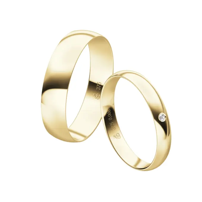 Edel polierte Eheringe aus Gelbgold mit Diamanten in zwei Breiten 3 mm und 5 mm und Diamant