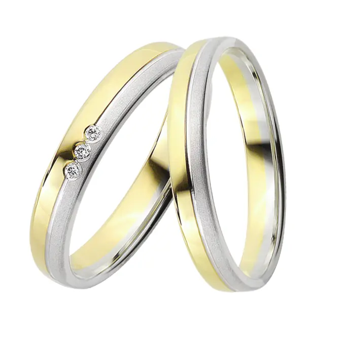 Gelbgold und Weissgold Eheringen mit Diamanten, Polierung und Sandmattierung