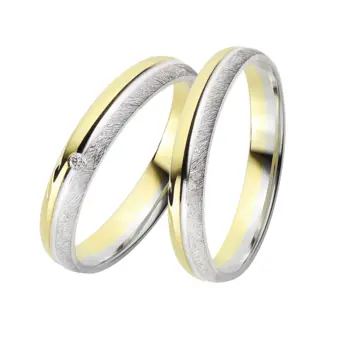 Gelbgold und Weissgold Eheringe mit Querbürstung und Polierung und Diamanten