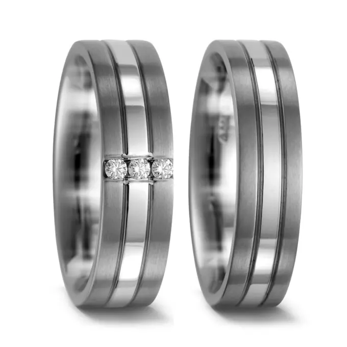 Titan Palladium 950 Partnerringe mit Rosegold mit 3 Diamanten