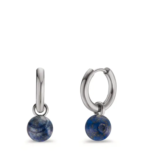 Edelstahl Creolen mit Perlen aus Lapislazuli und Polierung seitlich