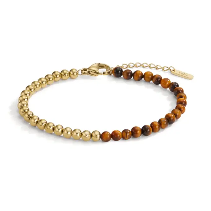 Edelstahl Armband mit Perlen aus echtem Tigerauge und goldplattierten Edelstahlkugeln