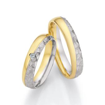 Bi-colore Eheringe, Gelbgold 585, Platin, Hammerschlag, Poliert, Diamanten 8273