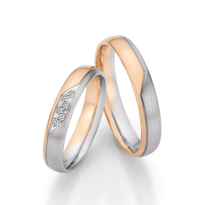 Bi-colore Eheringe, Roségold 585 und Platin, poliert, mattiert, Diamanten 8278