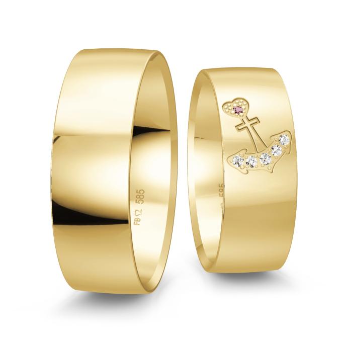 Eheringe in Gelbgold mit Diamanten und Ankermuster