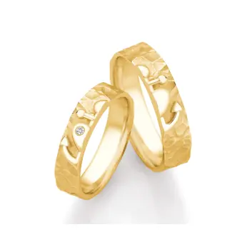 Eheringe aus Gelbgold mit Symbol für Glaube Liebe Hoffnung und Brillant 