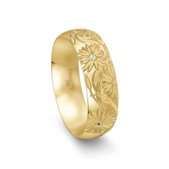 Gelbgold Verlobungsring mit floralem Dekor und vier weißen Diamanten