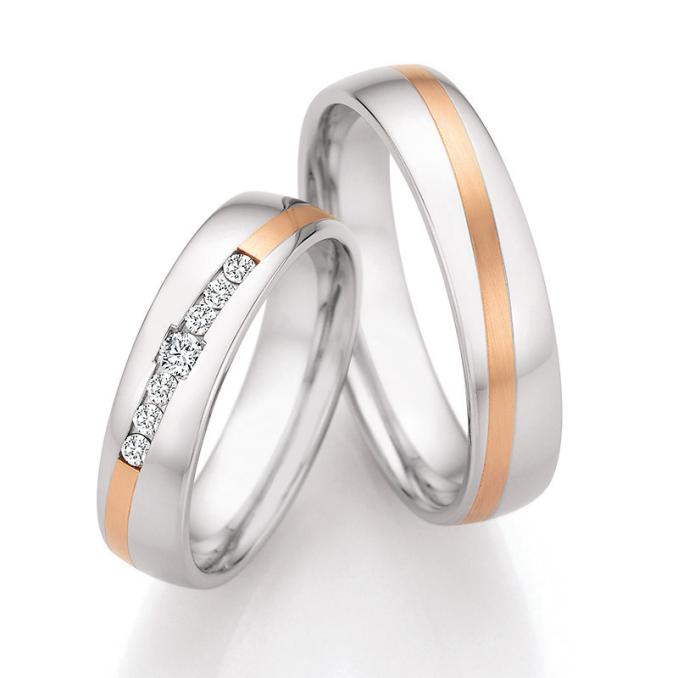 Längsmattierte Rotgold & Edelstahl-Trauringe mit sieben Diamanten 8211