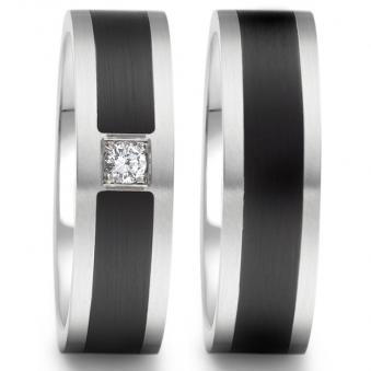 Nickelfreie Eheringe aus Edelstahl mit Streifen aus Hightech Keramik und Diamanten EdE1003