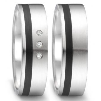 Hochwertige Eheringe aus Edelstahl mit Hightech Keramik und 3 Diamanten EdE1002