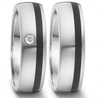 Nickelfreie Eheringe aus Edelstahl mit Streifen aus Hightech Keramik und Diamanten EdE1006
