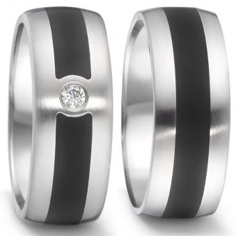 Nickelfreie Eheringe aus Edelstahl mit Streifen aus Hightech Keramik und Diamanten EdE1010