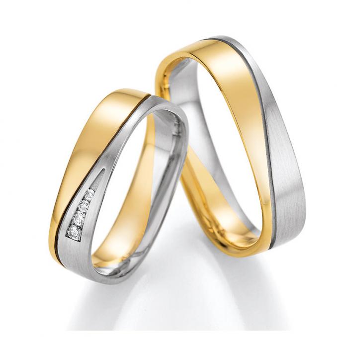 Moderne eckige Eheringe aus Weiß- & Gelbgold mit Diamanten 4560017