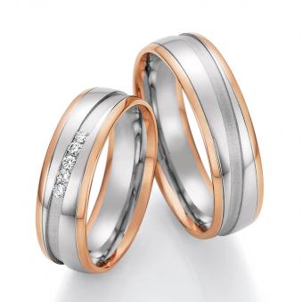 Einmalige Eheringe aus Weiß- & Roségold mit Diamanten und sandmattem Rillen 4560036