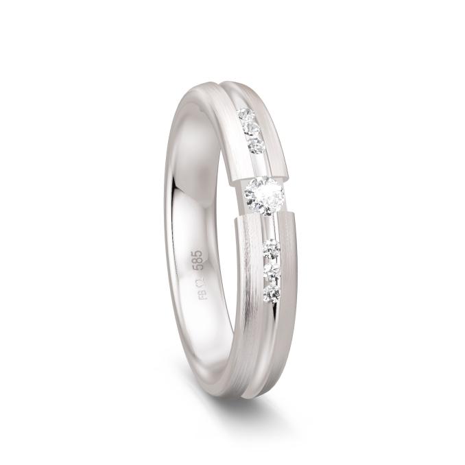 Ehering in Weißgold längs mattiert mit Diamanten in glänzender Rille