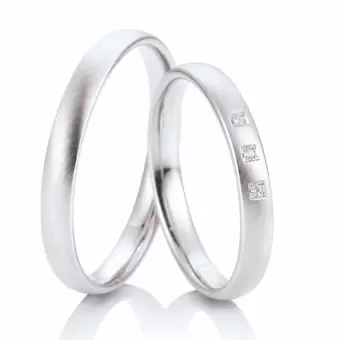 Quermatte Weissgold Eheringe mit 3 Diamanten 3 mm breit