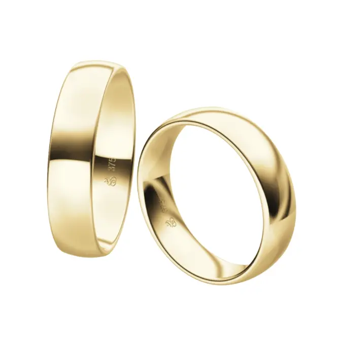 Eheringe aus poliertem Gelbgold mit 1,5 mm Stärke und 5 mm Breite