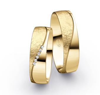Eheringe aus poliertem und eismattem Gelbgold mit 6 Diamanten