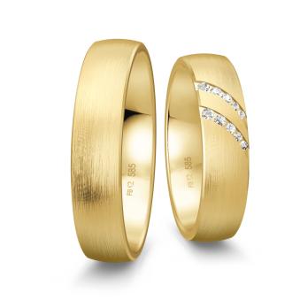 Eheringe aus Gelbgold mit Längsmattierung und in Rillen gefassten Diamanten