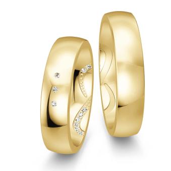 Eheringe aus poliertem Gelbgold mit Unendlichkeitszeichen und Diamanten