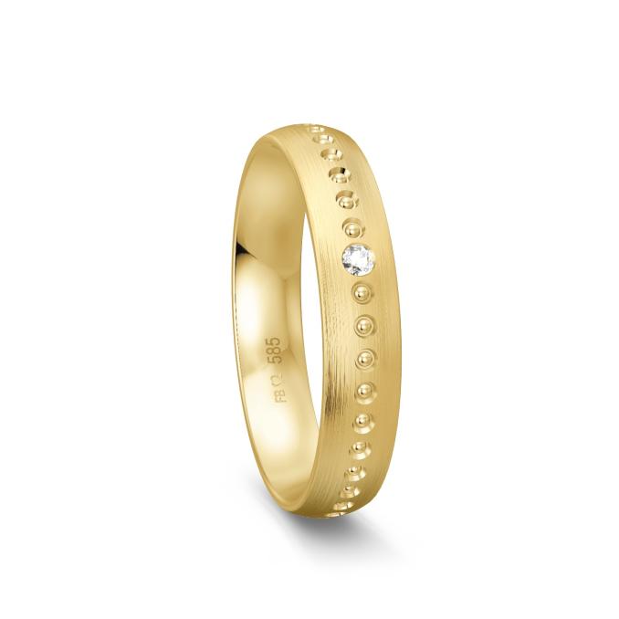 Mattierter Ehering aus Gelbgold mit Diamanten und Millgriff