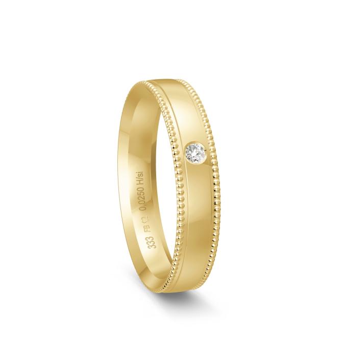 Polierter Ehering aus Gelbgold mit Diamanten und Millgriff-Design
