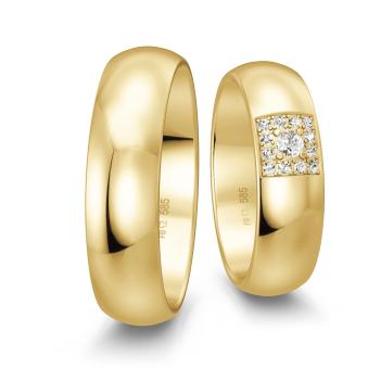 Eheringe aus poliertem Gelbgold mit Diamanten im Quadrat
