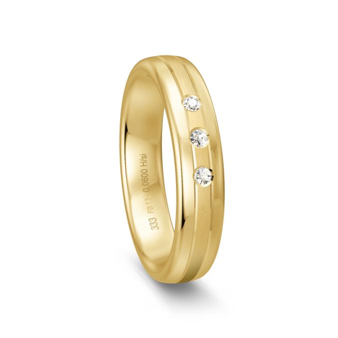 Gelbgold Ehering mit polierten Rändern und matter Mitte mit 3 Diamanten