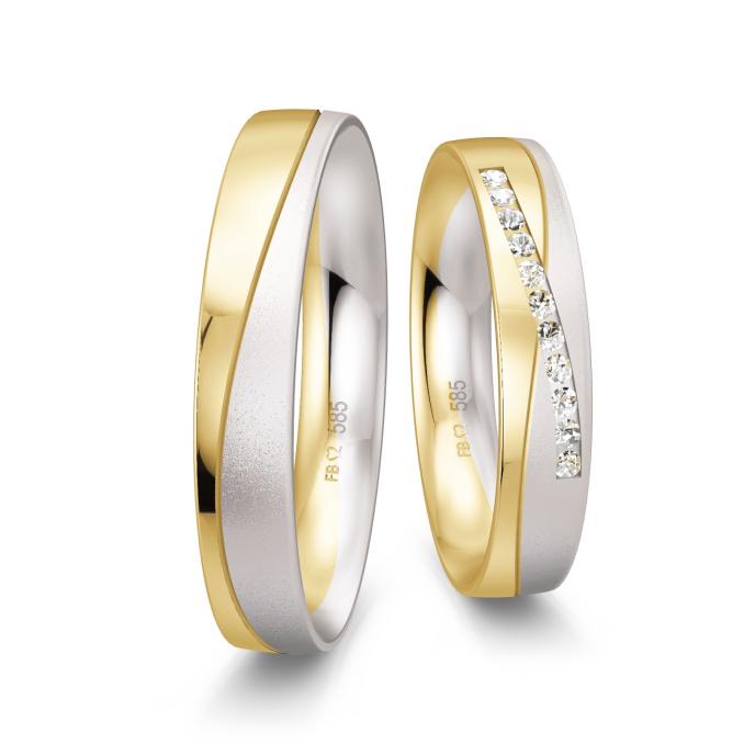Eheringe aus Weißgold/Gelbgold mit Diamantenreihe Polierung und Sandmattierung