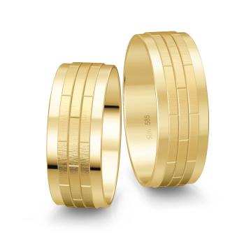 Gelbgold Partnerringe mit polierten Rändern und geriffeltem Muster