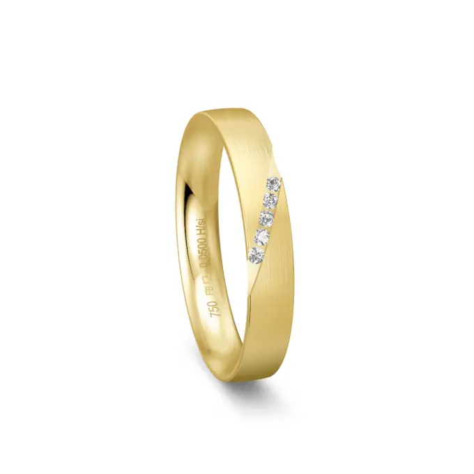 Matter schmaler Gelbgold Ehering mit 5 Diamanten in Reihe
