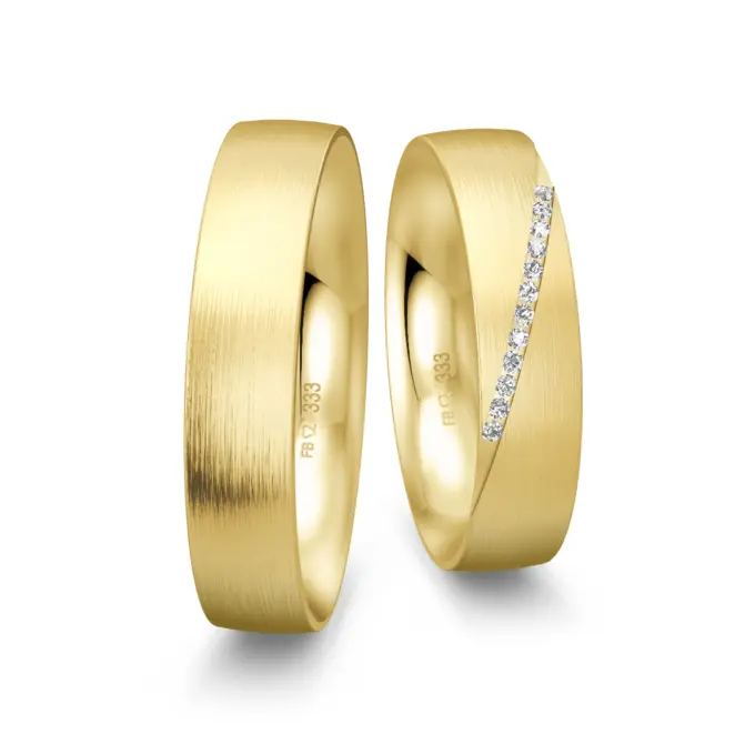 Lägsmattierte Gelbgold Eheringe mit Band aus 10 Diamanten