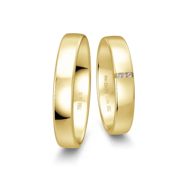 polierte Gelbgold Eheringe mit 3 Diamanten in querer Rille