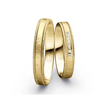 Schmale Gelbold Eheringe mit Eismattierung und 7 Diamanten