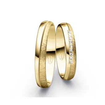Halb poliert halb eismatt gestaltete Gelbold Eheringe mit 9 Diamanten