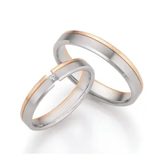 Matte und polierte Palladium 500 und Champagne Gold Eheringe mit Diamanten in Spannfassung