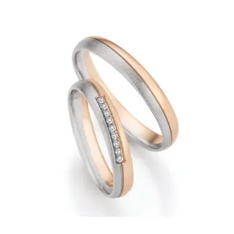 Eismatt und poliert gestaltete Palladium 500 und Champagne Gold Eheringe mit 9 Diamanten