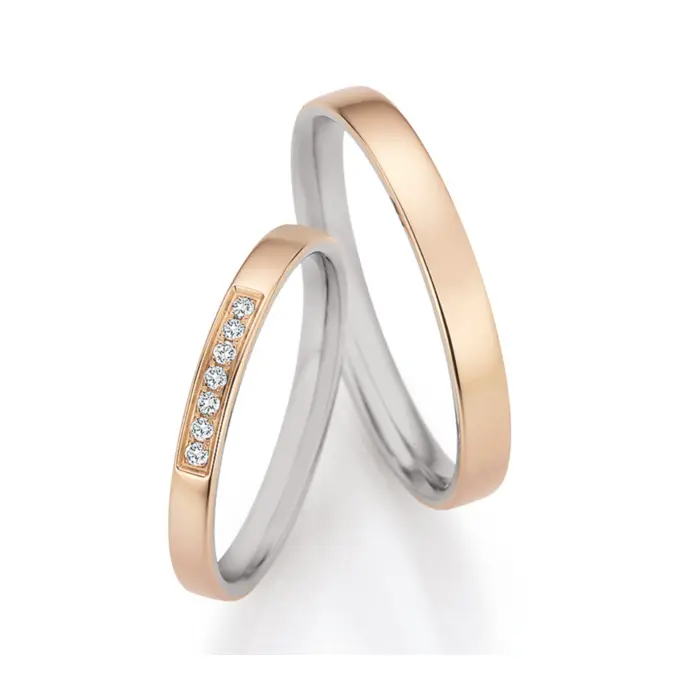 schmale polierte Palladium 500 und Champagne Gold Eheringe mit 7 Diamanten