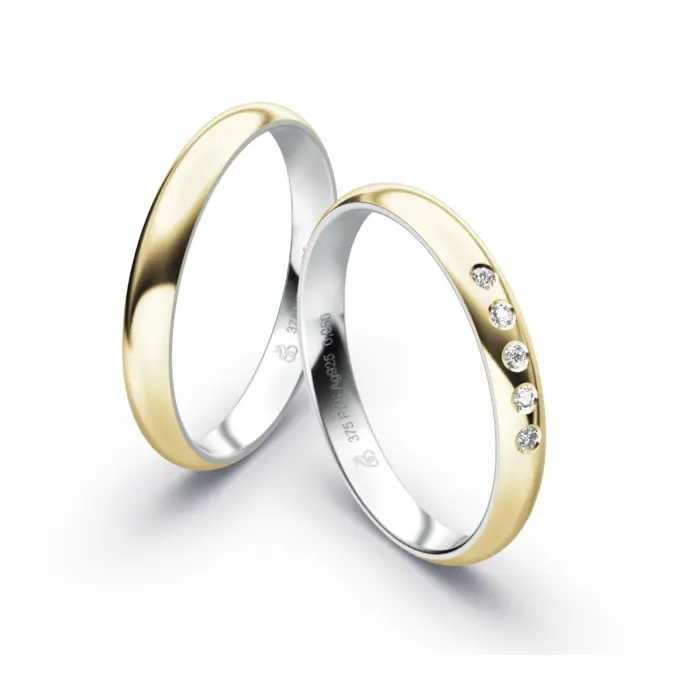 Schmale Plagentum und Gelbgold Eheringe mit polierter Oberfläche und 5 Labor Diamanten